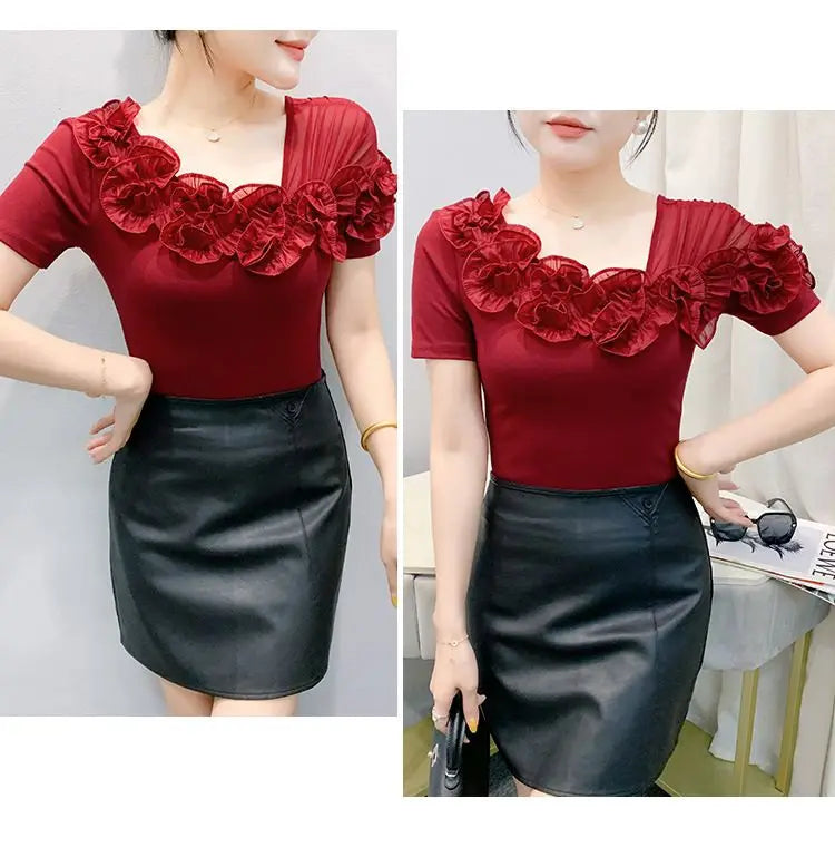 Faionable Floral Lace Ear ort Sve Slimming Me oulder Bared T-Shirt Women's Casual Sle Polyester Fabric Tee irt