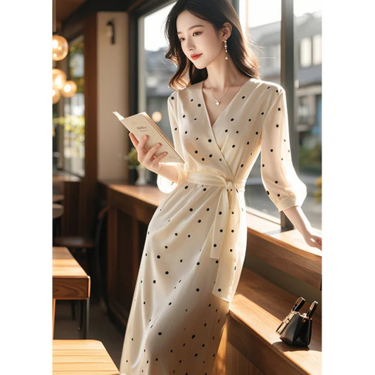 French retro dots V collar childen's summer 2025 new style elegant long dress