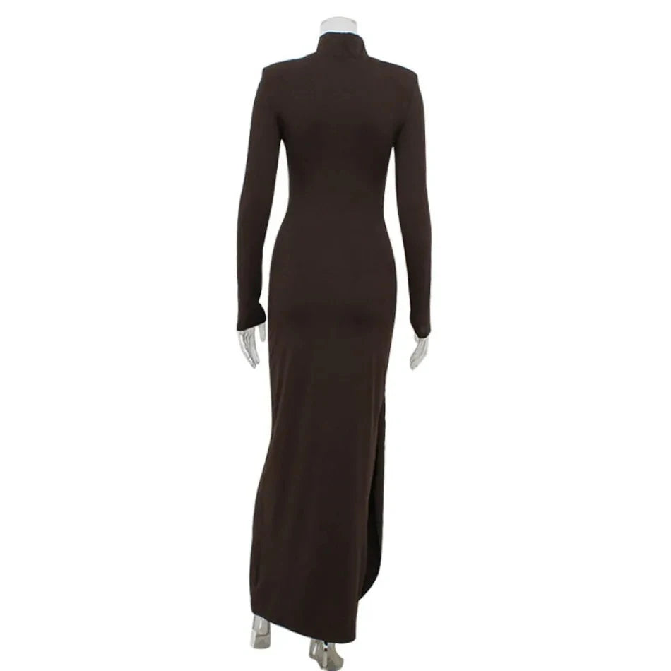 Women‘’s Dresses Autumn and Winter Fashion Sexy High-neck Long-sleeve Solid Color Dress with Waist Tie Club Long Dress
