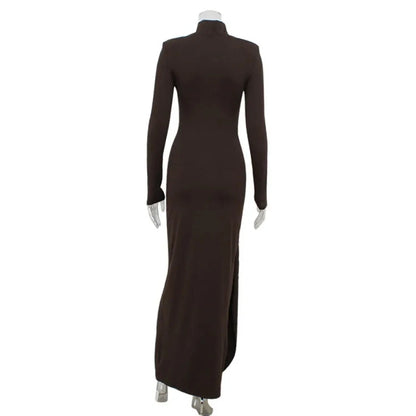 Women‘’s Dresses Autumn and Winter Fashion Sexy High-neck Long-sleeve Solid Color Dress with Waist Tie Club Long Dress