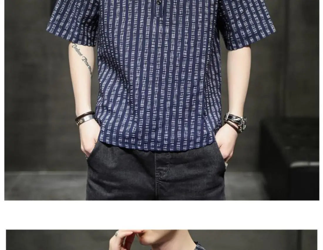 Men's Light Blue Denim Shirt Oversized Short Sleeve Button-Down Casual Top(Available)