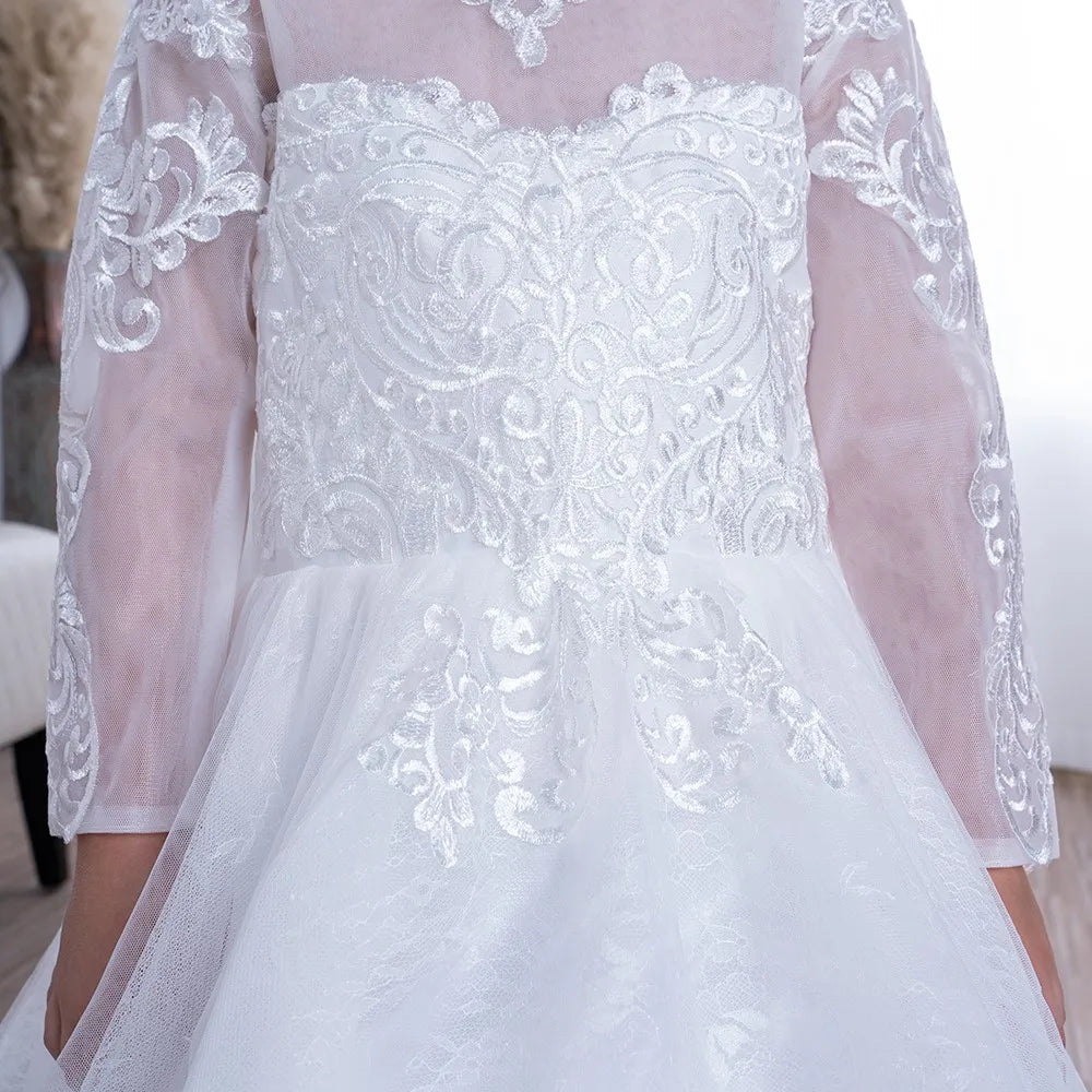 A Line Girl Lace Appliques Princess Wedding Party Flower Girls Dresses Vintage Gown With Bow Kids First Communion Ball Gown