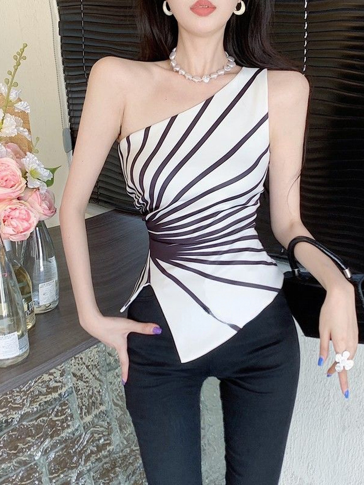 Y2k Sleeveless Irregular Tank Top Women Sexy Skinny Striped Design Corset Stretch Tube Streetwear 2026 Summer One Shoulder Tanks