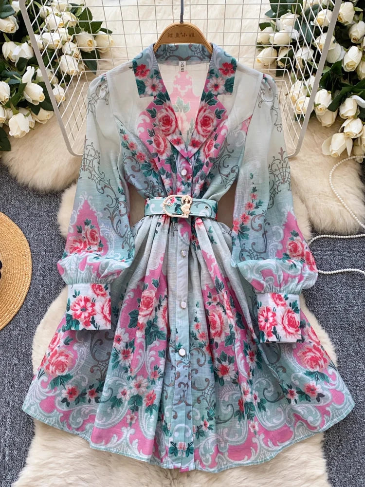 France Elegant Vintage Palace Evening Dress Women Sashes Button Print Short Party Dress Female Casual Chic Festival Clothing New
