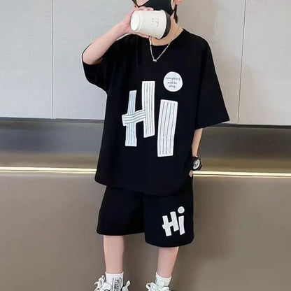 New Boys Sport Clothing Sets Summer Big Kids Loose Clothes Suit Short Sleeve Tops+Shorts 2Pcs Children Fashion Handsome Outfits