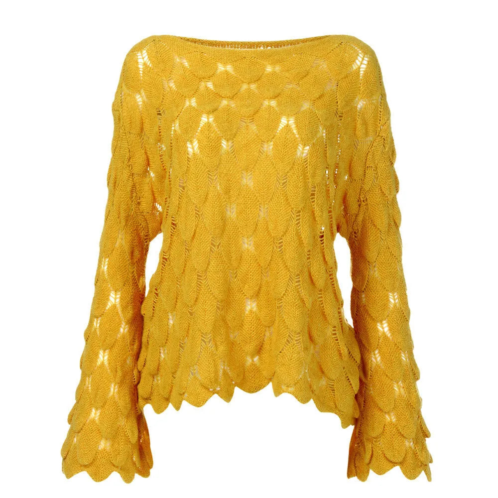 Hot 2026 Autumn Winter New European American Women's Fashion Hollow Loose Knitted Sweater Round Neck Trumpet Sleeve Head Sweater