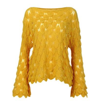 Hot 2026 Autumn Winter New European American Women's Fashion Hollow Loose Knitted Sweater Round Neck Trumpet Sleeve Head Sweater
