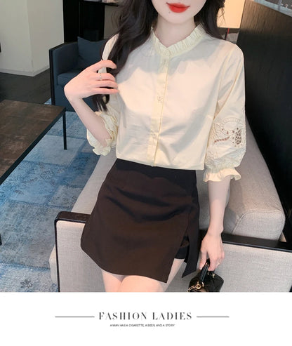 Ele Embroidered ort Sve irt Women's Summer New Design Korean Sle Commute Lantern Sve White irt for Ladies
