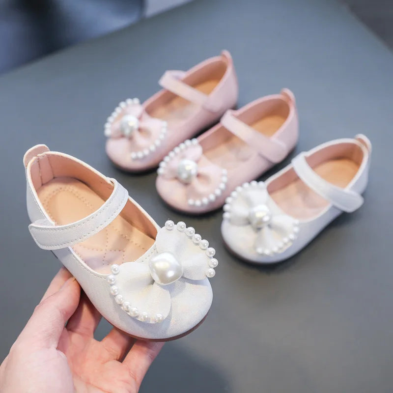 Girl's Leather Shoes Casual Simple Bowtie with Pearls 2024 New Flat Shoes Soft Sole Baby Kids Dress Shoes Children Party Flats