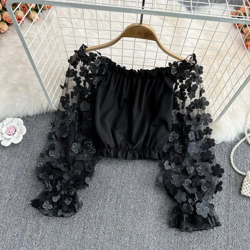 Flower Three-dimensional Decoration Slash Neck Long Sleeve Women's Blouse Shirt Korean Fashion Female Clothing Tops 2024 Summer