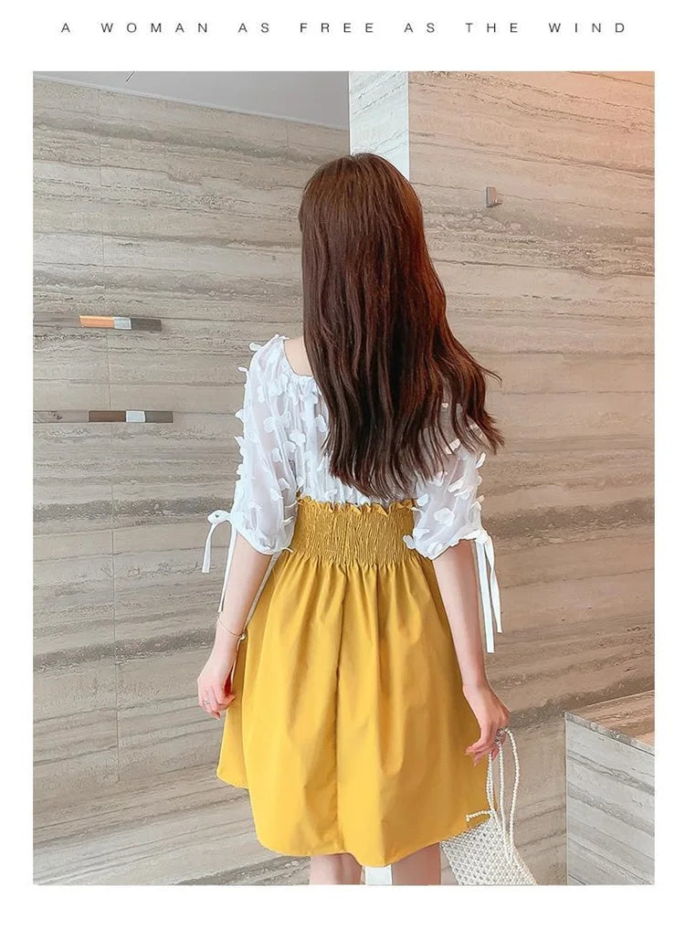 Women Summer French Style Elastic Waist Dress Korean Edition New Splicing Design Slim Half Sleeve Fairy Knee-length Dresses