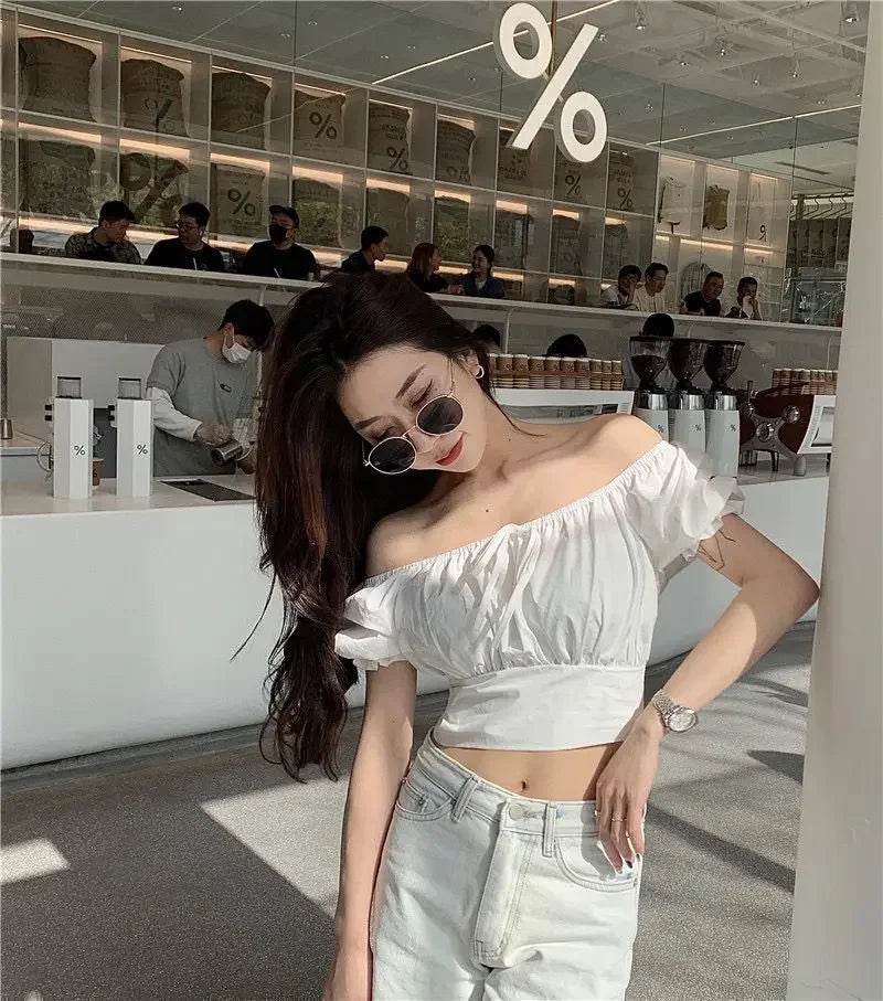 2025 Fashion New Pearl Chain Shirt Women Summer French Bow Backless White Blouse Sweet Puff Sleeve Crop Top Female