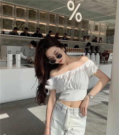 2025 Fashion New Pearl Chain Shirt Women Summer French Bow Backless White Blouse Sweet Puff Sleeve Crop Top Female