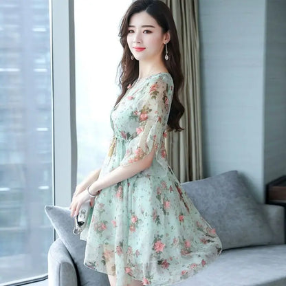 Chiffon Floral V-neck Ruffle Woman Dress Promotion Elegant and Pretty Korean Style Fashion Summer 2025 Chic Dresses for Women