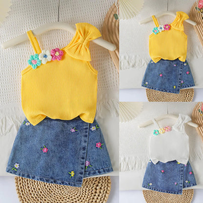 Small Fresh Jeans Skirts Sets Cute Baby Girl Comfortable And Breathable Set Cute Flower Embroidery Short Sleeve Skirt Two Piece
