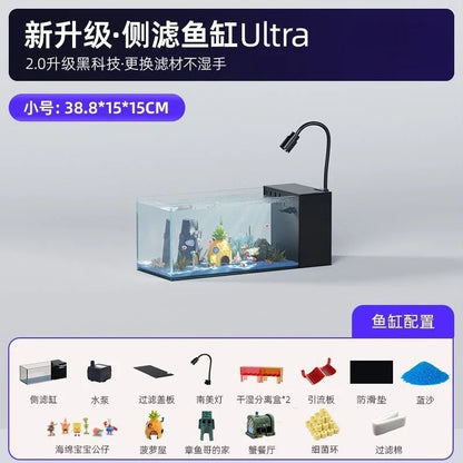 Desktop Stream Side Filter Tank, Ultra-Clear Glass Landscape Fish Tank, Oxygen-Generating Desktop Aquarium for Living Room