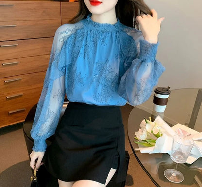 Chiffon Women's Shirt and Blouse Lace Flowers Luxury Designer Youthful Woman Clothes Vintage Clothing Female Tops Trend 2025 New