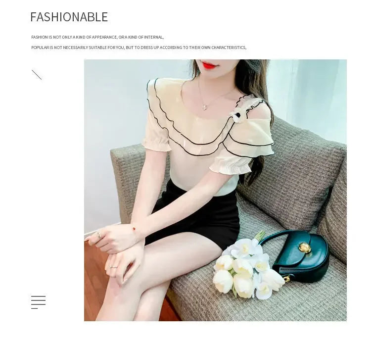 Sweet Slash Neck Off Shoulder Ruffles Blouses Female Clothing 2025 Summer New Loose Solid Color Korean Tops Puff Sleeve Shirts