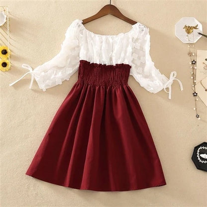 Women Summer French Style Elastic Waist Dress Korean Edition New Splicing Design Slim Half Sleeve Fairy Knee-length Dresses