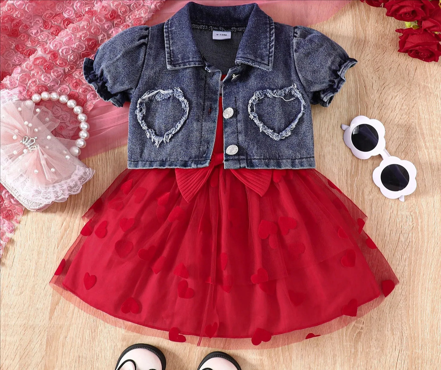 Summer 0-6Y Kids Clothes Girls Denim Collar Short Jacket 2pcs Set Sling Dress Bowknot Tulle Puff Skirt Girl Outfit