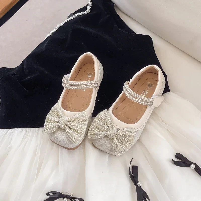 Children's Leather Shoes Bling Sequins Bowknot Princess Shoes for Girls Sweet Chic Kids Causal Wedding Shallow Versatile
