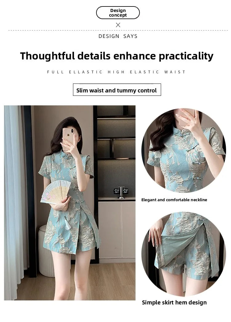Faionable  Outfit Stand Collar Side Button Mid-Length irt orts Two-Piece Set New 2025 Versatile Nylon Material