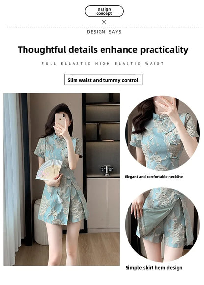 Faionable  Outfit Stand Collar Side Button Mid-Length irt orts Two-Piece Set New 2025 Versatile Nylon Material