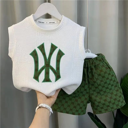 Summer Sport Casual Suit Baby Boys Clothes Kids Outfits Sleeveless T-Shirt Tops And Pants 2PCS Embroidery Clothing Girls Bebes