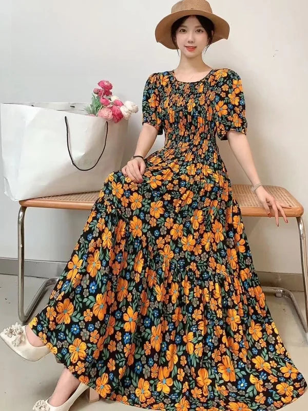 Summer New Cotton Silk Dr Casual High Waist Floral Print Beachwear Outerwear Slimming Waist Long Skirt A-Line Gown