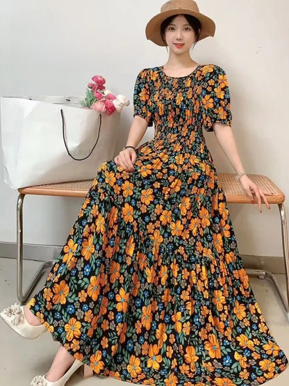 Summer New Cotton Silk Dr Casual High Waist Floral Print Beachwear Outerwear Slimming Waist Long Skirt A-Line Gown