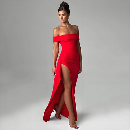 Elegant Evening Dress Pure Color Off-Shoulder Women's Sexy High Waist Side Slit Long Dress Formal Mcxi Women's Party Evening Dress