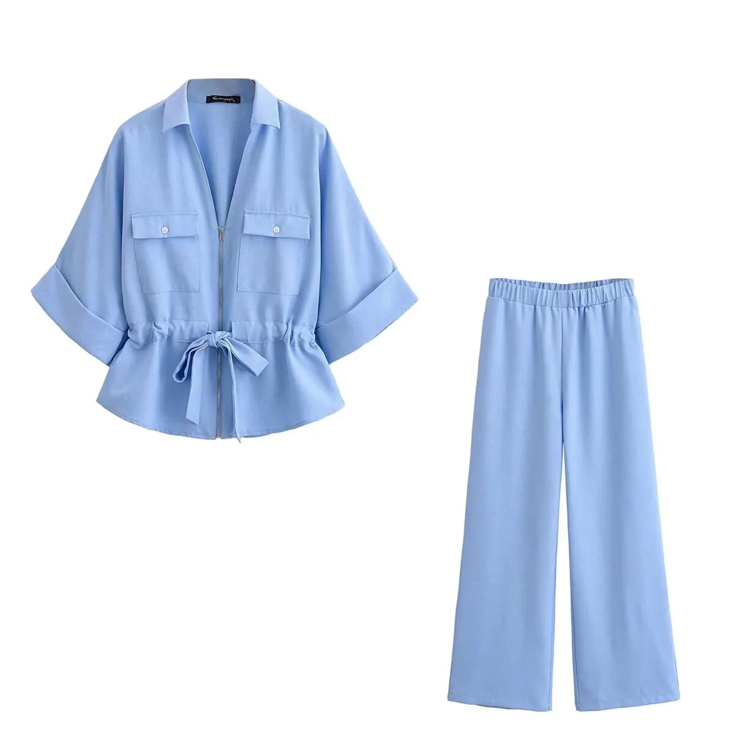 HH Women Pants Suit Solid Short Sleeve Zipper Pocket Drawstring Design Shirt Top+Elastic Waist Loose Casual Wide-leg Pants