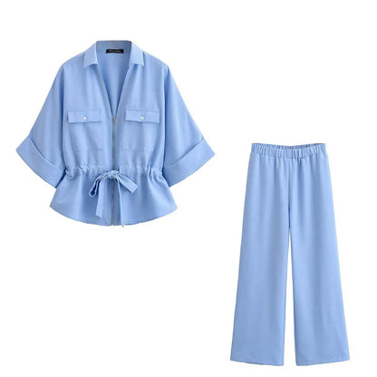 HH Women Pants Suit Solid Short Sleeve Zipper Pocket Drawstring Design Shirt Top+Elastic Waist Loose Casual Wide-leg Pants