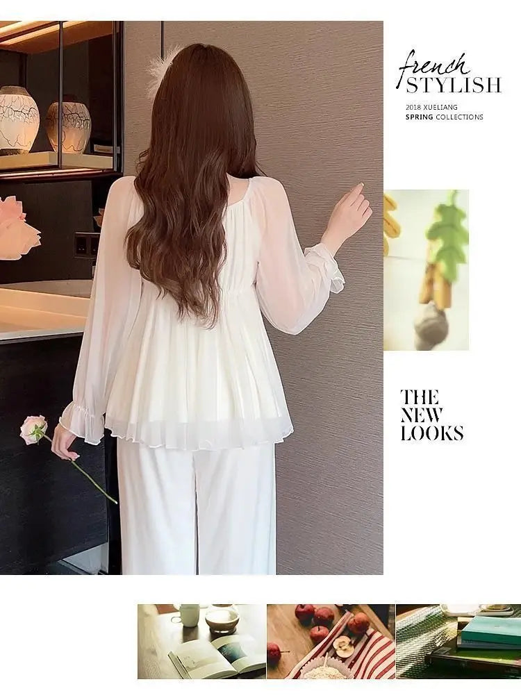 New Hot Luxury Elegant Long Sleeve Pajamas Set With Padded Bra Mesh Plus Size Women For Home Spring Autumn Summer Loungewear