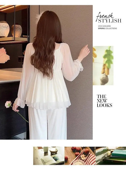 New Hot Luxury Elegant Long Sleeve Pajamas Set With Padded Bra Mesh Plus Size Women For Home Spring Autumn Summer Loungewear