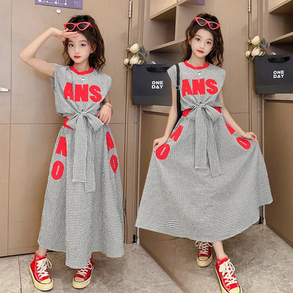 Girls Clothes Summer Kids Fashion Letter Vest + Skirt 2pcs Set Children Clothing Suit Teen Girl Plaid Bowknot Sleeveless Outfits