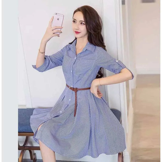 Women Korean Summer Attire Seven Quarter Sleeved Shirt Skirt Female New Fashion Blue White Striped Slim Dress Fit Shirt Skirt