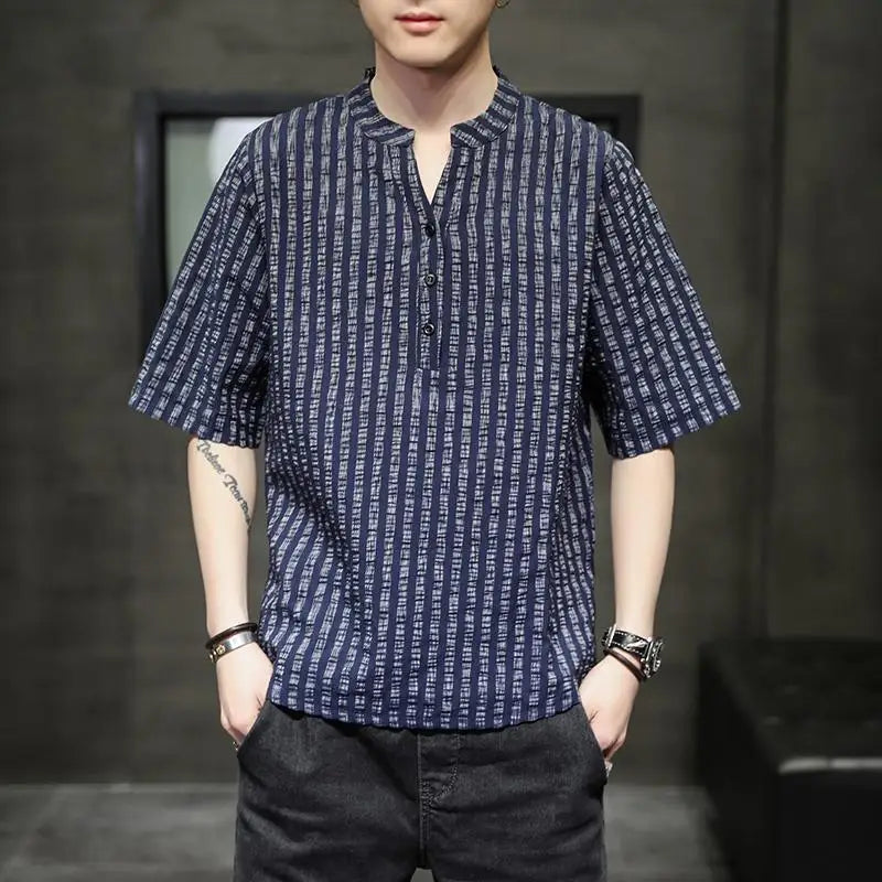Men's Light Blue Denim Shirt Oversized Short Sleeve Button-Down Casual Top(Available)