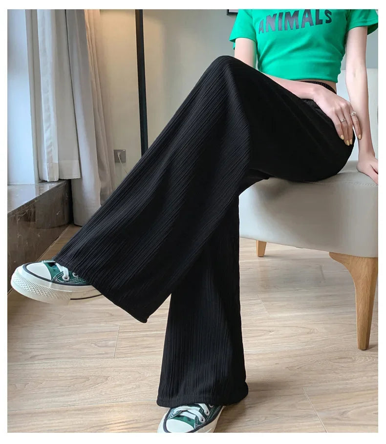 Korea Dongdaemun Ice Silk Wide-leg Pants Women's Thin Slimming Floor Pants White Striped Pants Y2K Fashion Pants Baggy (Available)