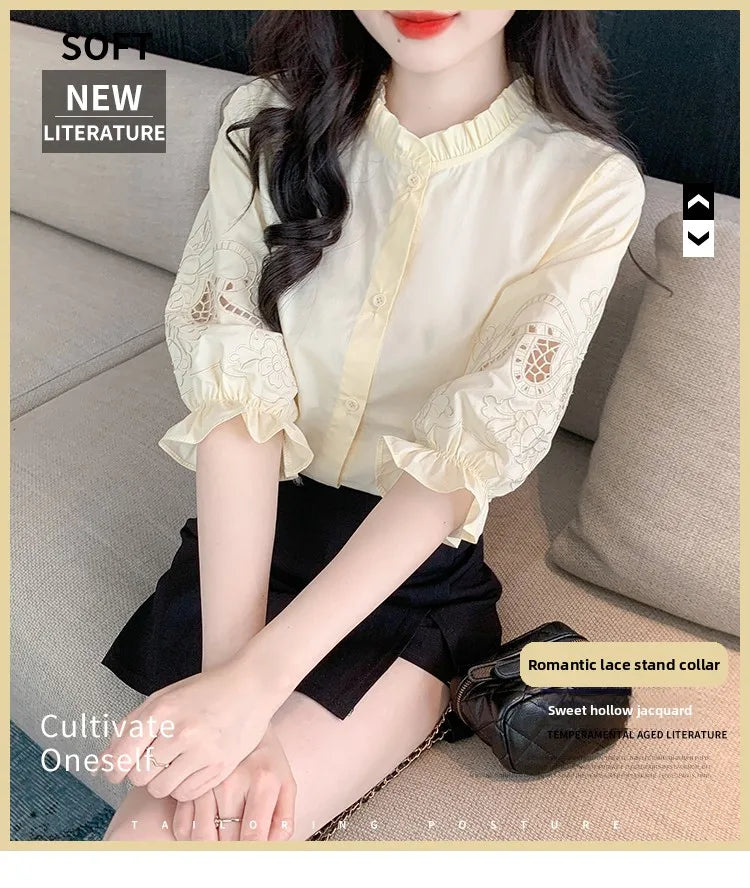 Ele Embroidered ort Sve irt Women's Summer New Design Korean Sle Commute Lantern Sve White irt for Ladies