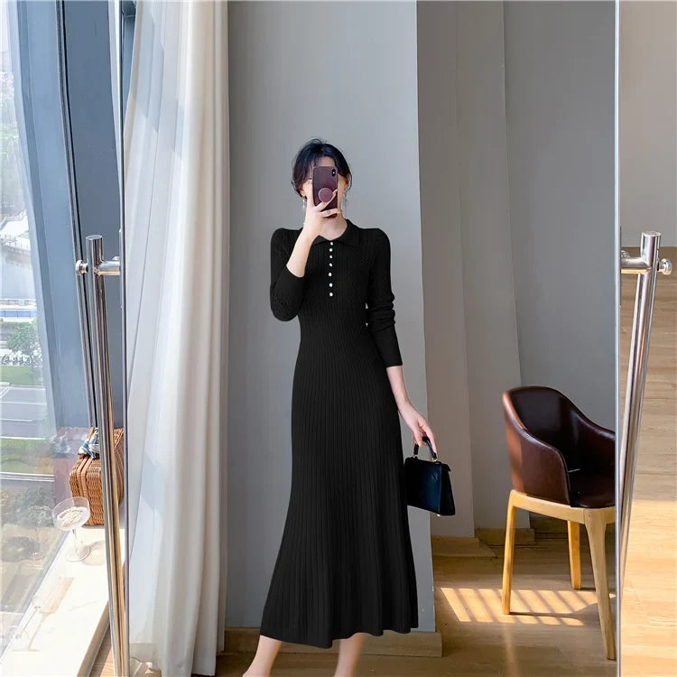 Sweater Dress Women New  Autumn Winter Purple White Or Black High Waist A Line Dress Elegant Long Knitted Dress (Available)
