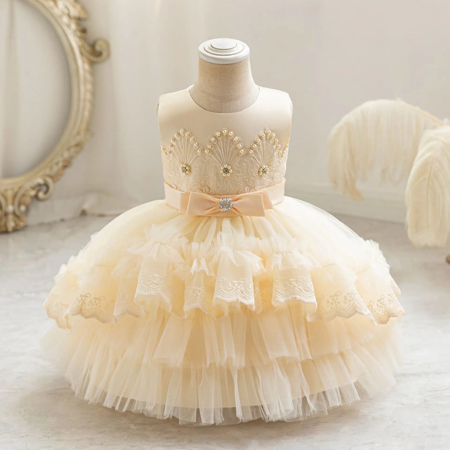 Party Dresses For Girl Formal Prom Wedding Dress Beaded Embroidery Mesh Princess Dress For Infant Baby 1st Birthday Baptism Gown