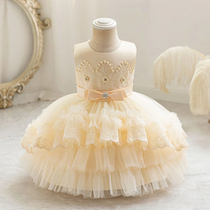 Party Dresses For Girl Formal Prom Wedding Dress Beaded Embroidery Mesh Princess Dress For Infant Baby 1st Birthday Baptism Gown