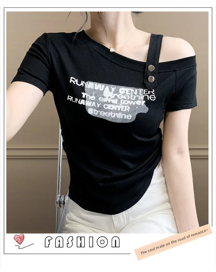 Sexy oulder Bared T irt Women's ort Sve Asymmetrical Collar Faionable Slimming Top Korean Sle Cotton Blend Summe...