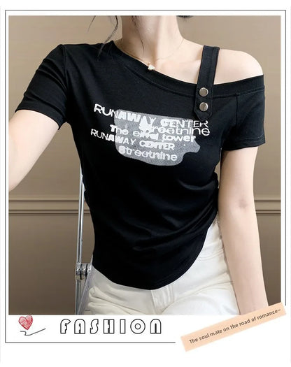 Sexy oulder Bared T irt Women's ort Sve Asymmetrical Collar Faionable Slimming Top Korean Sle Cotton Blend Summe...