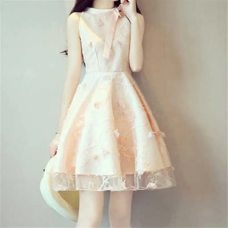 Elegant Floral Jacquard Embroidery Party Dress New Summer Women Tie Bow Mesh Dress Lady High Waist Short Sleeveless Tank Dresses