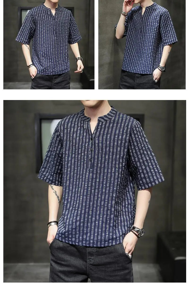 Men's Light Blue Denim Shirt Oversized Short Sleeve Button-Down Casual Top(Available)
