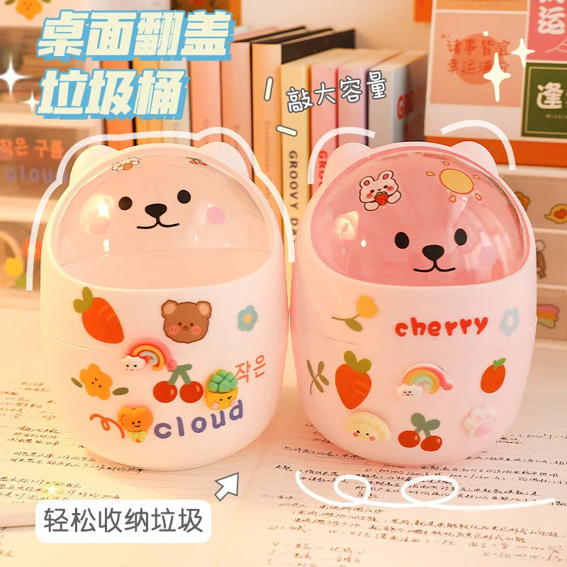 Mini Desktop Trash Can Organizer Cute Bear Multifunction Creative Cosmetic Bucket with Lid Pen Holder Kawaii Stickers Patchers