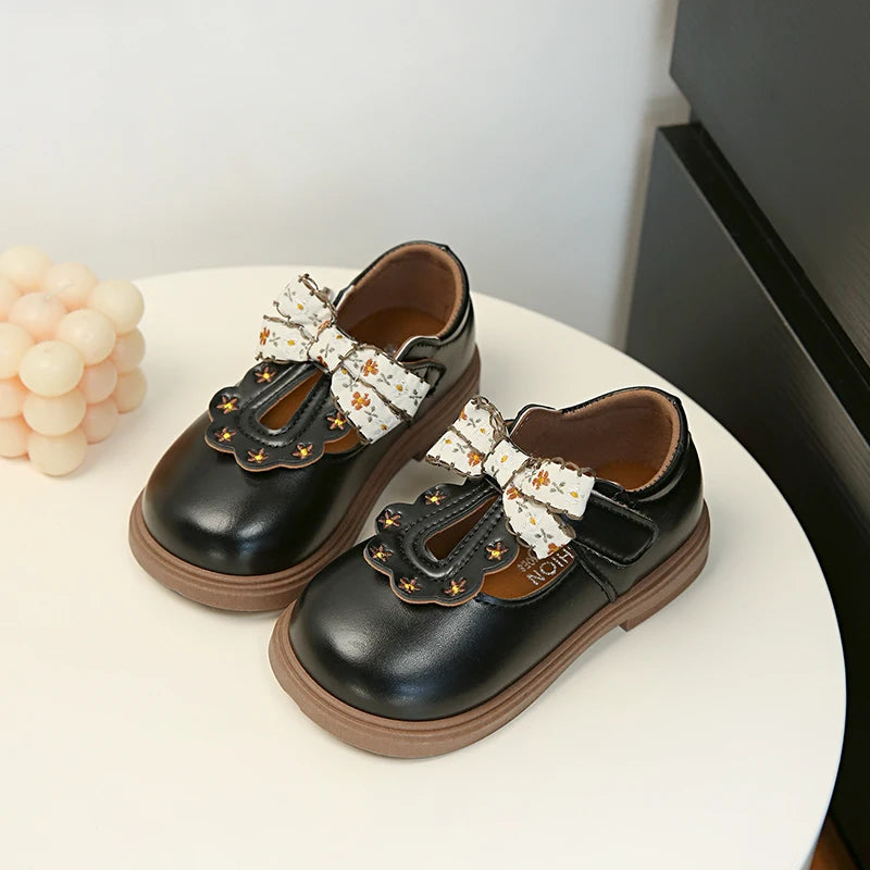 Cute bow Leather Girls Shoes 2025 New T-strap Oxfords Spring Kids Soft Shoes For Girl School Children Princess Dress Shoes