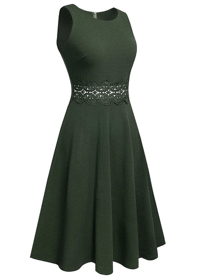 Women Vintage Casual Round Neck A line Summer Elegant Floral Lace Patchwork Sleeveless Tunic Party Swing Dress HA079